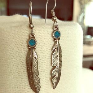 Small inlaid turquoise feather motif earrings